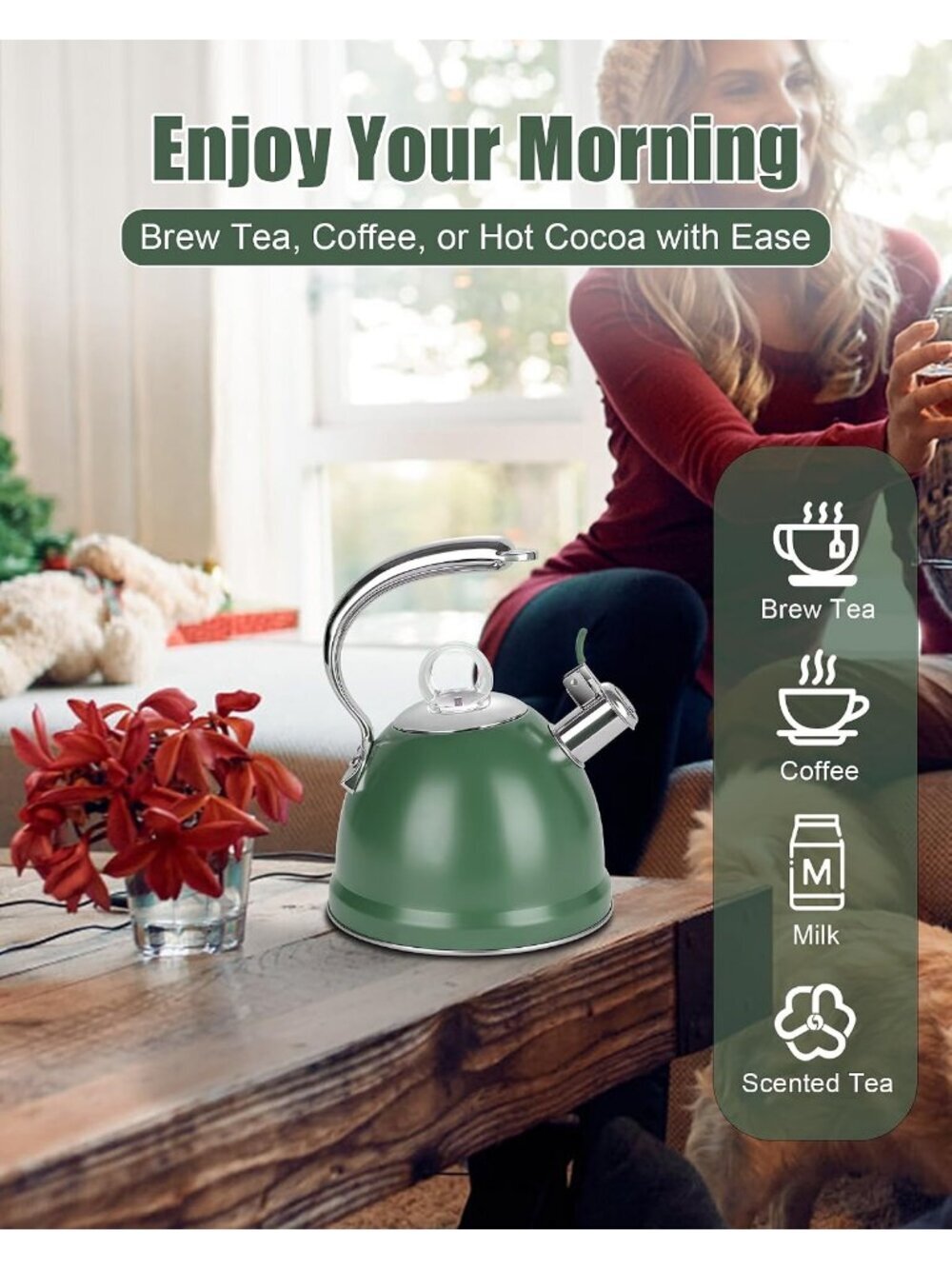 2.5 Qt Stainless Steel Whistling Tea Kettle for Gas, Electric Induction Green - Picture 7 of 7